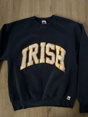 Russell Athletic Navy Crewneck Sweatshirt with White and Gold 'IRISH' Appliqué